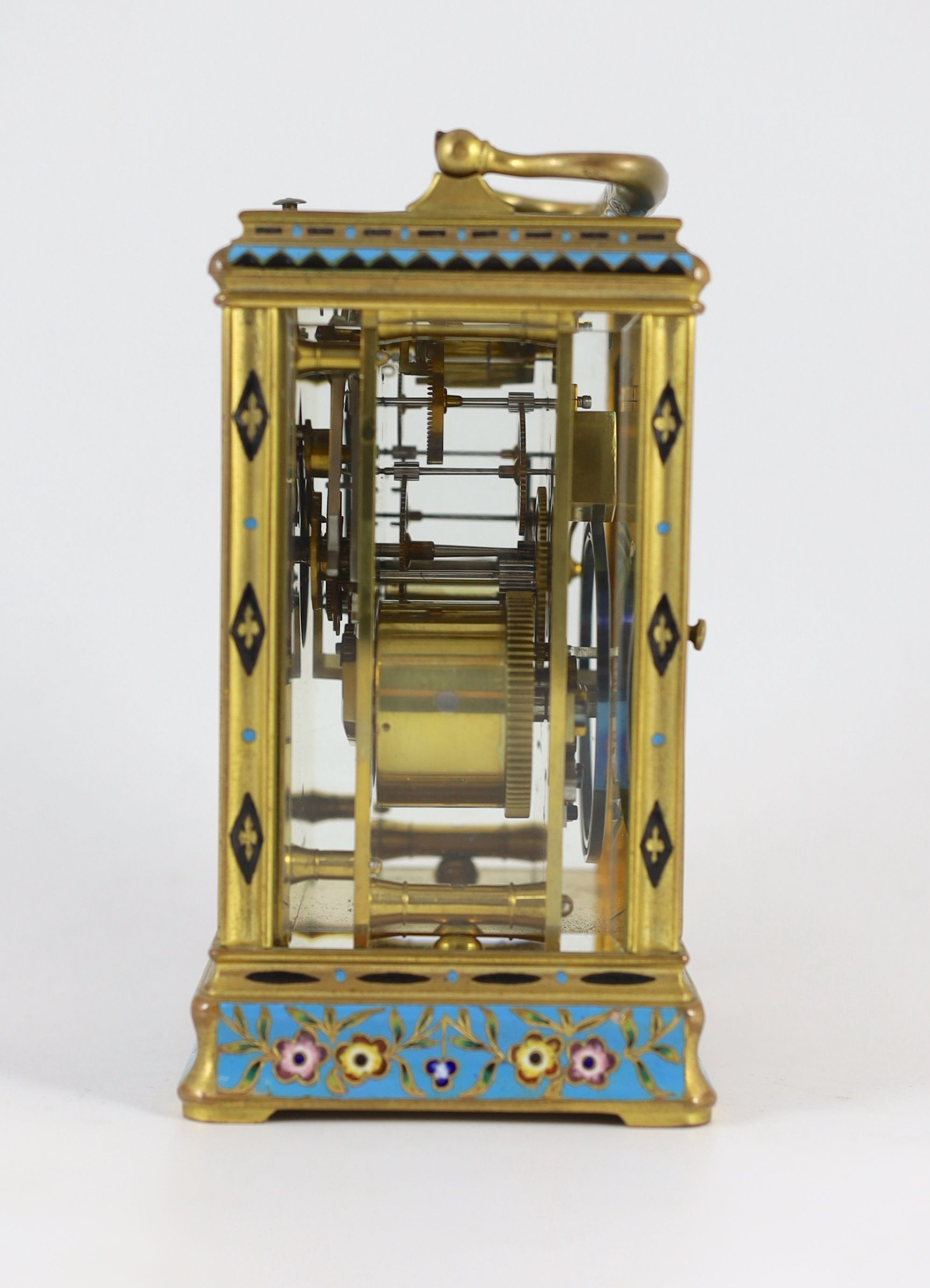 Alfred Drocourt of Paris. A mid 19th century French ormolu and champleve enamel hour repeating carriage clock, width 9.5cm, depth 8cm, height 15cm